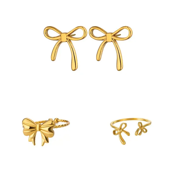 Gold_Bowknot_3_Pcs_Rings_Earrings_For_Women